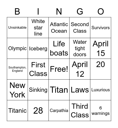 Titanic Bingo Card