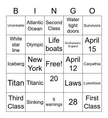 Titanic Bingo Card