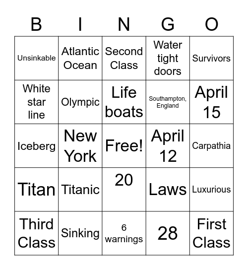 Titanic Bingo Card