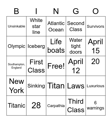 Titanic Bingo Card