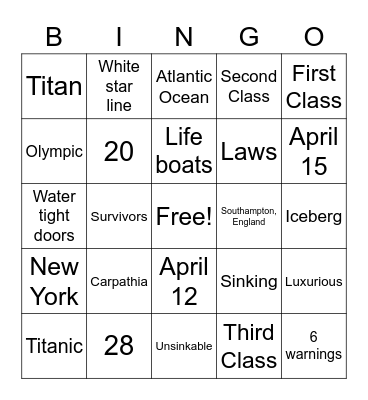 Titanic Bingo Card
