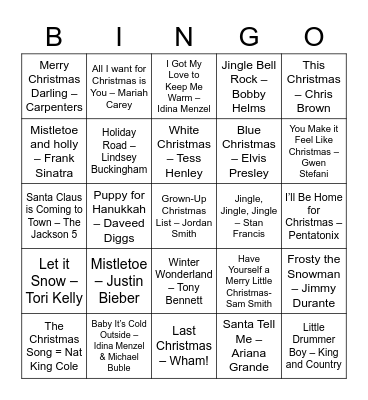 Rock & Roll Holiday Bingo Card