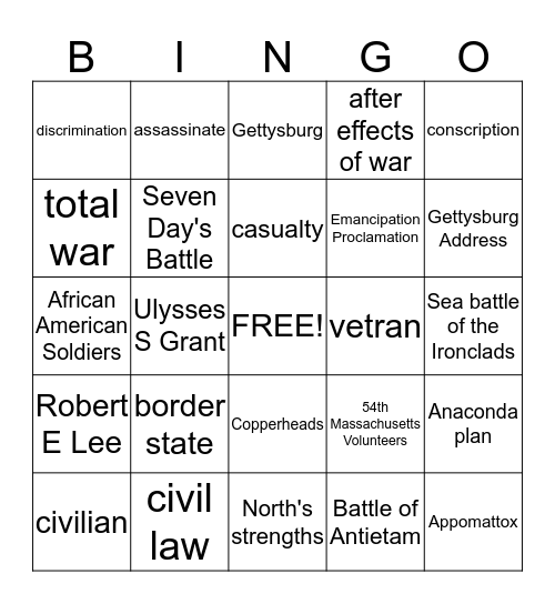 The Civil War Bingo Card