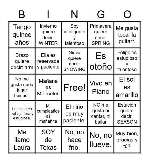 Personal Pronouns and the verb Ser Bingo Card