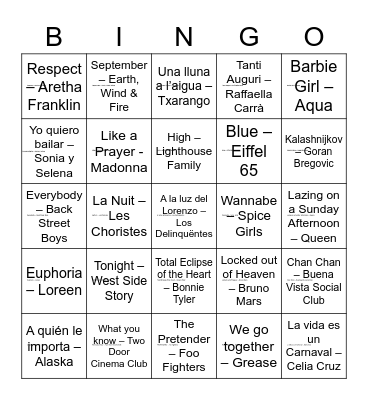 Music Bingo Card