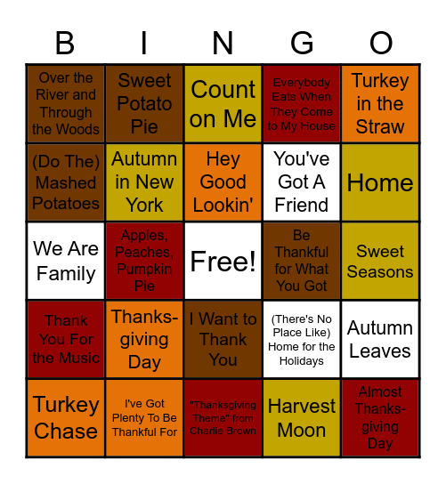 Thanksgiving Songs Bingo Card