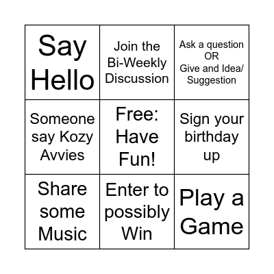 Blackout Hideout Bingo Card