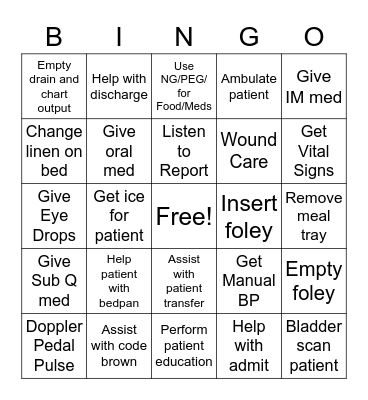 Nursing Student Task Completed Bingo Card