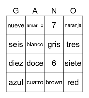 colores y números Bingo Card