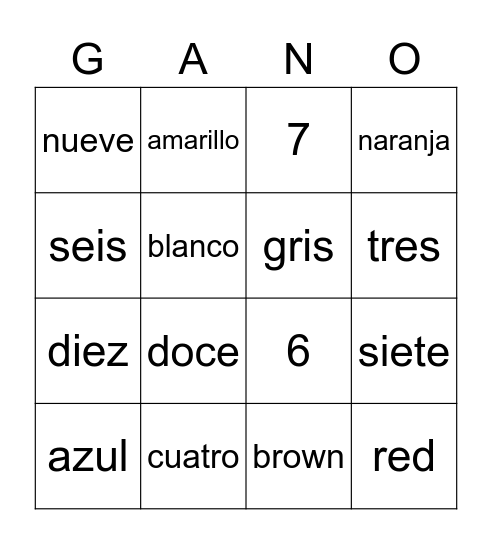 colores y números Bingo Card