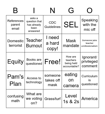 School Board Meeting Bingo Card