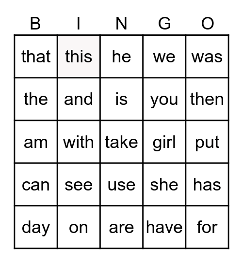 Sight Words Bingo Card