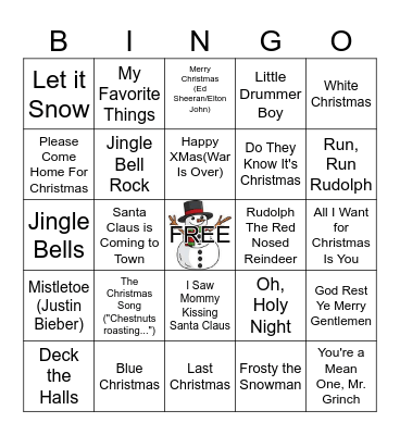 Holiday Music Bingo Card