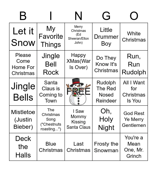 Holiday Music Bingo Card