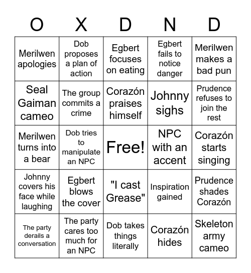 Oxventure Bingo Card