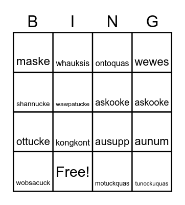 Native american animals Bingo Card