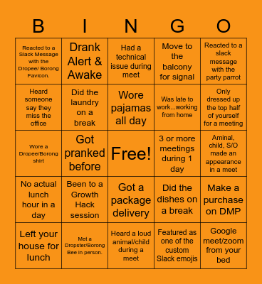 Dropee Team Virtual Hangout Lunch Bingo Card