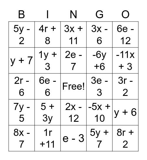 Like Terms Bingo Card
