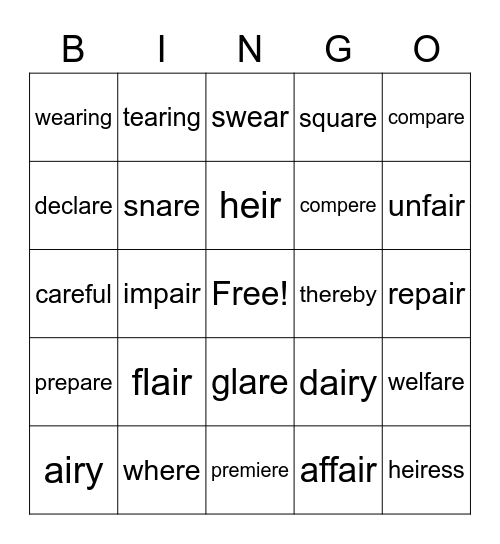 Air Phoneme Bingo Card