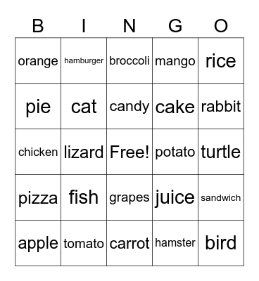 Food & Animals Bingo Card