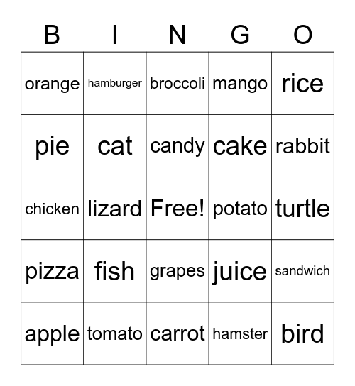 Food & Animals Bingo Card