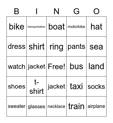 Clothes & Transportation Bingo Card