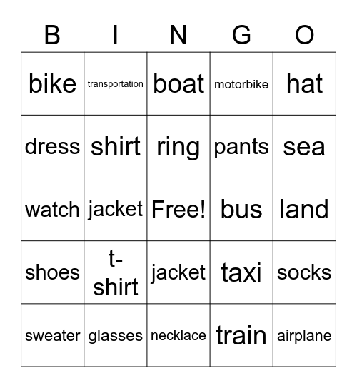 Clothes & Transportation Bingo Card