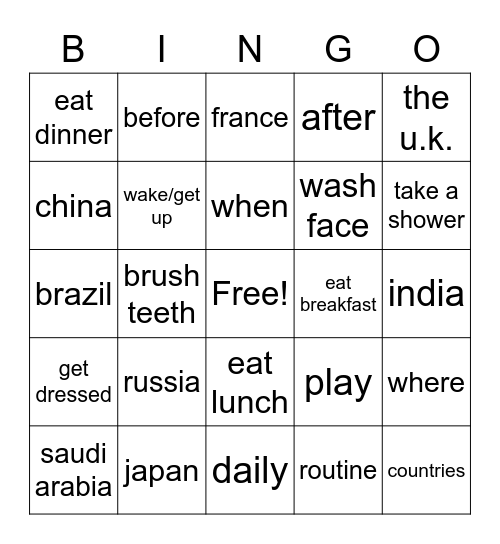 Routines and Countries Bingo Card