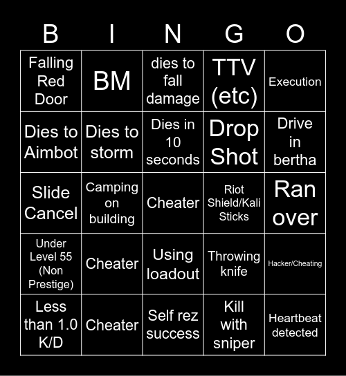Warzone Bingo Card