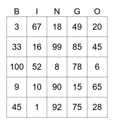 Bingo 1-100 Bingo Card