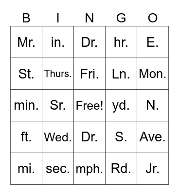 It's Grammar Time: Abrreviations Bingo Card