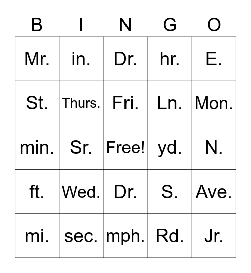 It's Grammar Time: Abrreviations Bingo Card