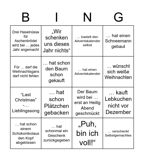 Weihnachts Bingo Card