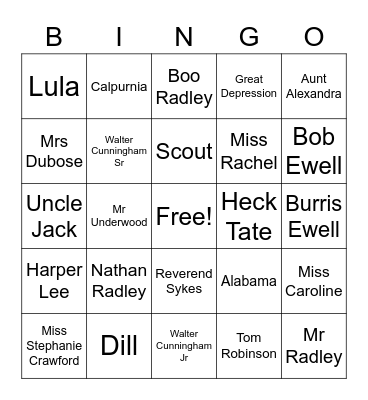 To Kill A Mockingbird Bingo Card