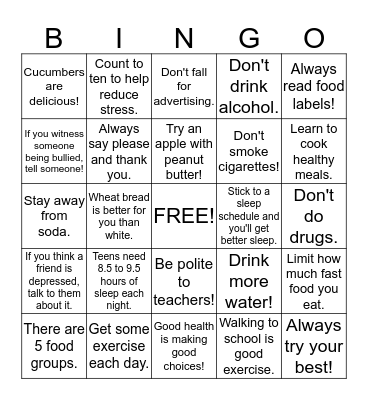 Health Bingo Card