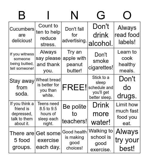 Health Bingo Card