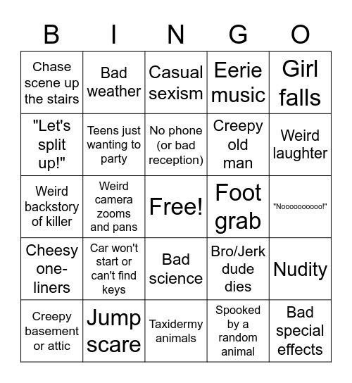 Bad Scary Movie Bingo Card