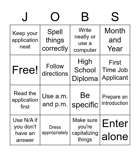 Job Application BINGO Card