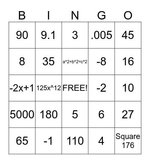 Math  Bingo Card