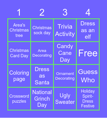 Line 4 December Activities Bingo Card