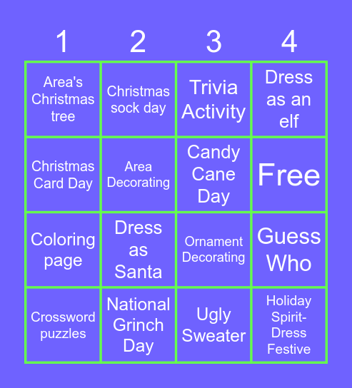 Line 4 December Activities Bingo Card