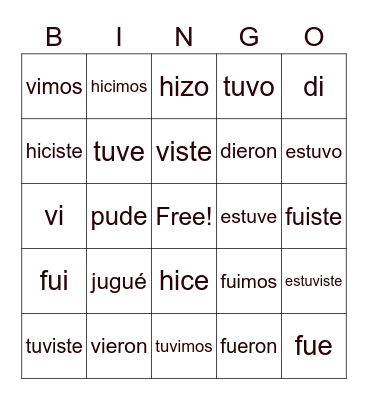 Preterite Tense Irregular Verbs Bingo Card