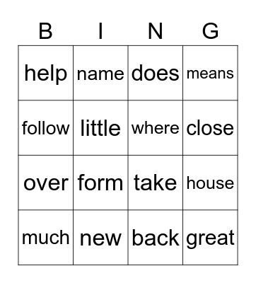 Word Wall Bingo Card