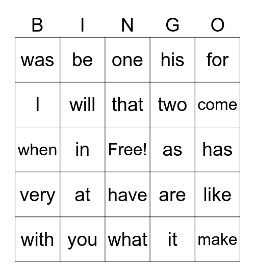 Sight Words # 1 Bingo Card