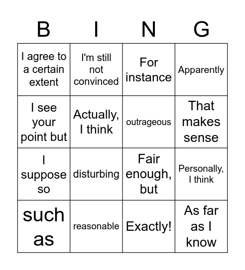 Giving Your Opinion Bingo Card