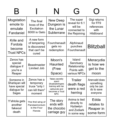 Endwalker Predictions Bingo Card