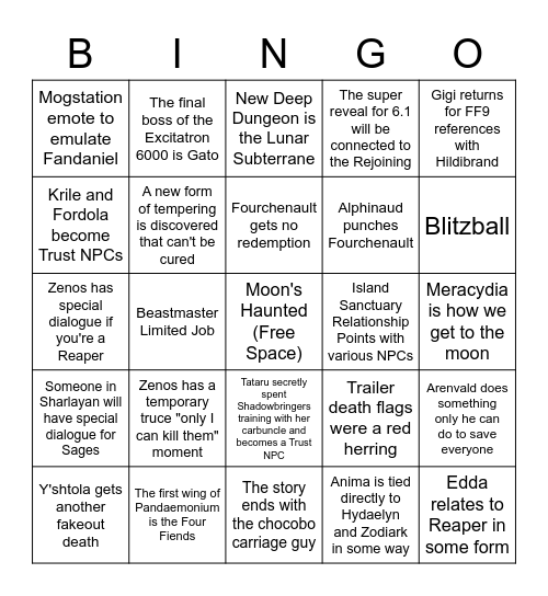 Endwalker Predictions Bingo Card