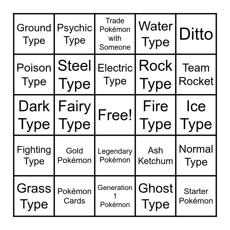 Pokémon Scavenger Hunt Bingo Card