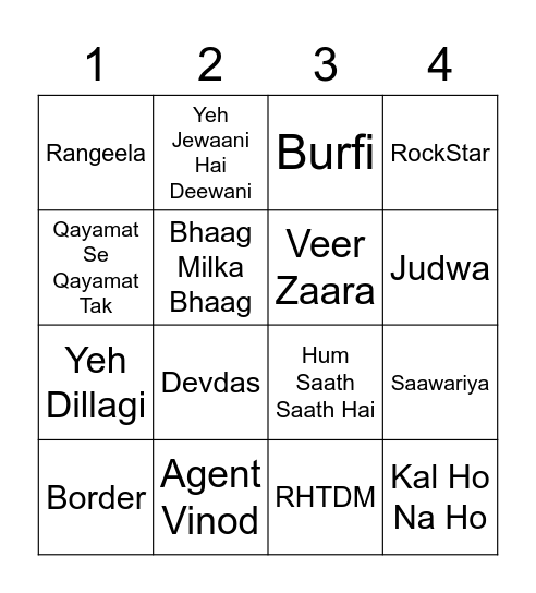 Bollywood Trivia Bingo Card