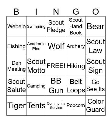 Pack 290 Bingo Night Bingo Card